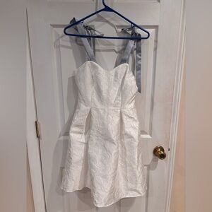 David’s Bridal white jacquard dress with blue and white straps